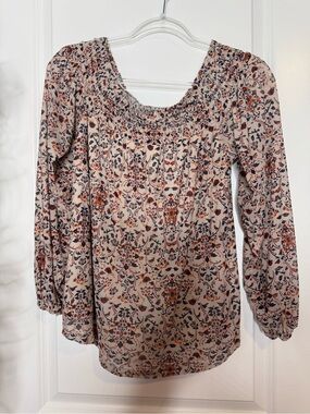 Daytrip Cream Floral Smocked Peasant Blouse with Orange & Navy flowy stretch MD